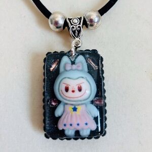 Handmade Kawaii “Labubu” Bunny Pendant with Black Velvet Chain/Extender 16 In.